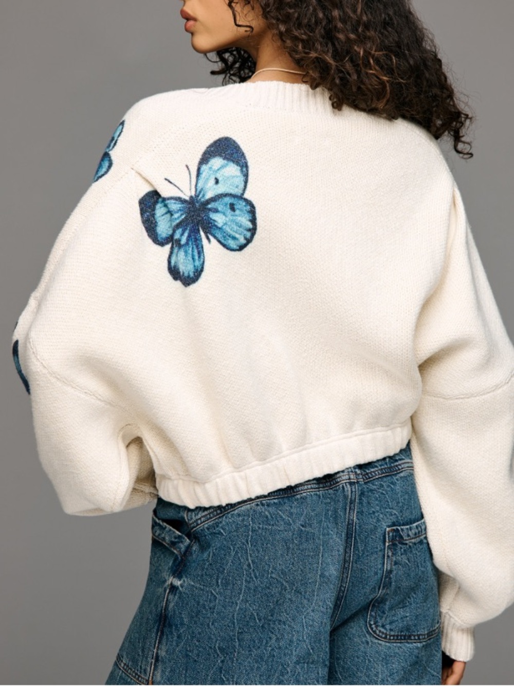Butterfly Long Sleeve Crew Sweater-Cream with Blue Butterflies-Size Medium - Picture 2 of 13